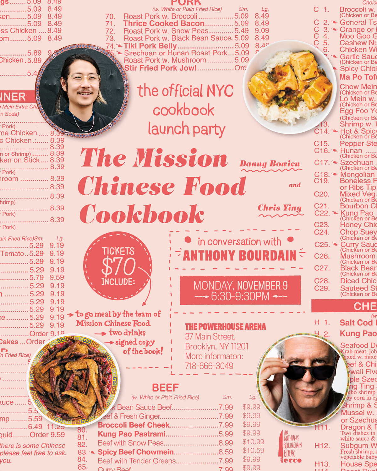 Book Launch: The Mission Chinese Food Cookbook by Danny Bowien and Chris Ying in conversation with Anthony Bourdain