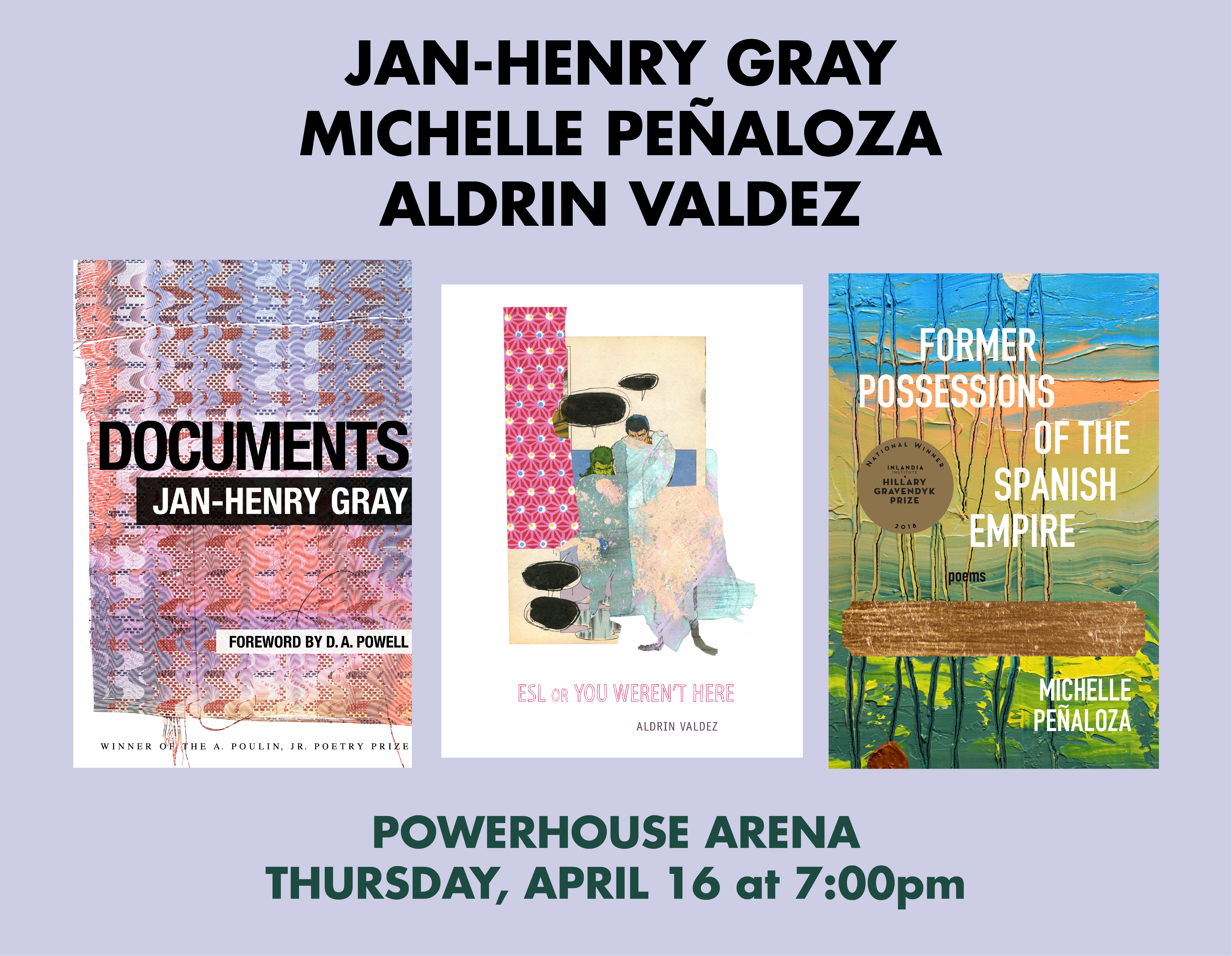 Poetry Reading: Jan-Henry Gray, Michelle Peñaloza, Aldrin Valdez  (POSTPONED)