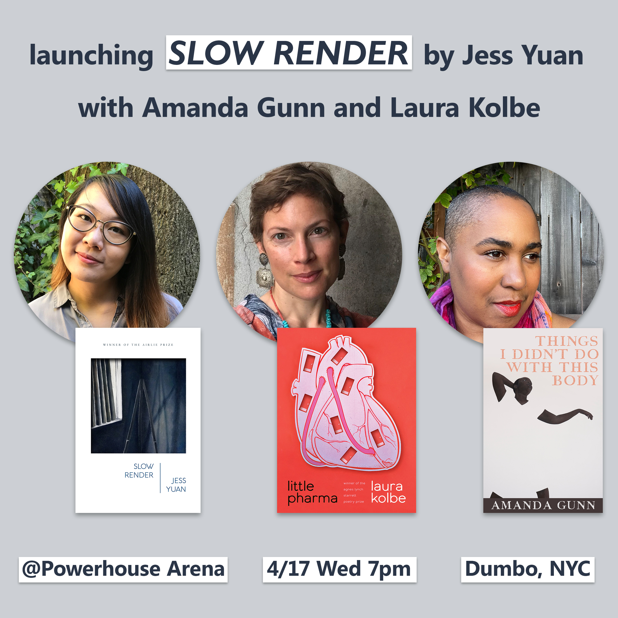Book Launch: Slow Render by Jess Yuan with Readings by Laura Kolbe and Amanda Gunn