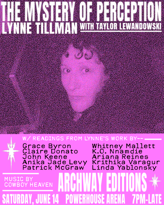 ARCHWAY EDITIONS Book Launch: The Mystery of Perception by Lynne Tillman with Taylor Lewandowski