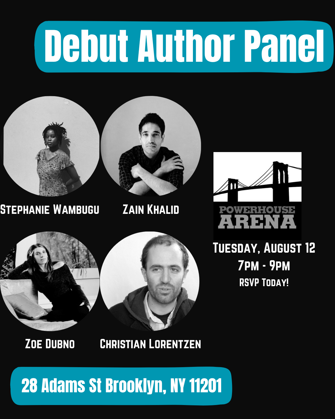 Debut Author Panel featuring Stephanie Wambugu, Zain Khalid, and Zoe Dubno with Christian Lorentzen moderating