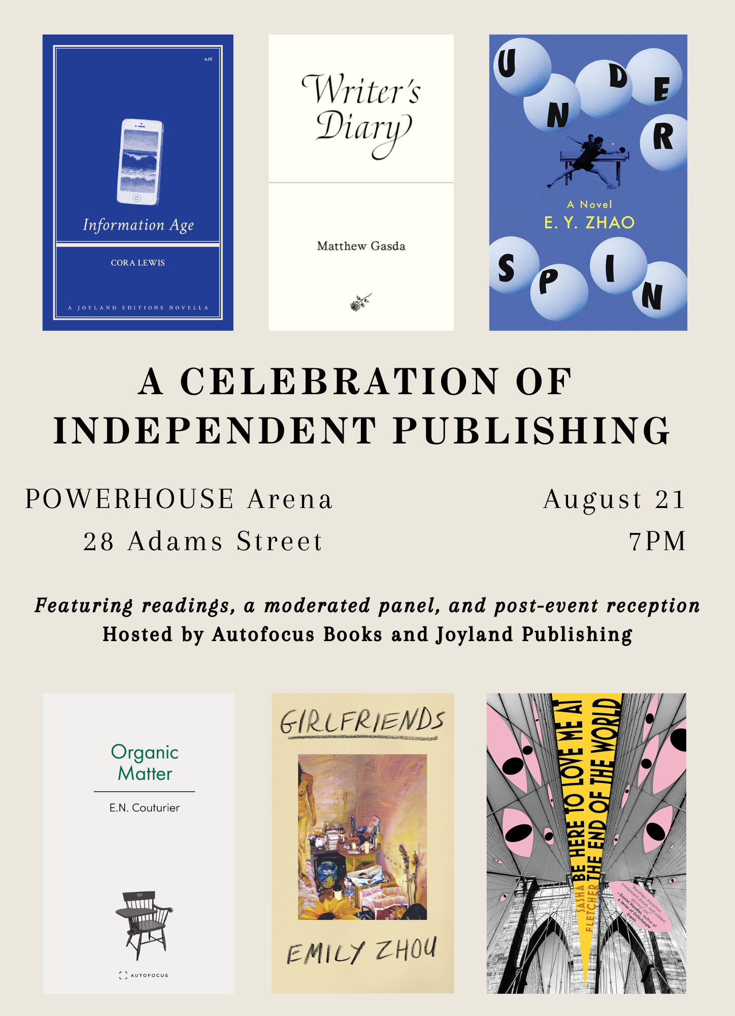 Indie Press Publishing Reading featuring Cora Lewis, Matthew Gasda, Emily Zhou, E.Y. Zhao, and E.N. Couturier